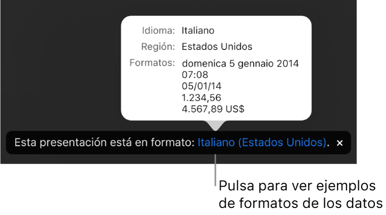 La notificación del ajuste de idioma y formato distinto, con ejemplos del formato en ese idioma y región.