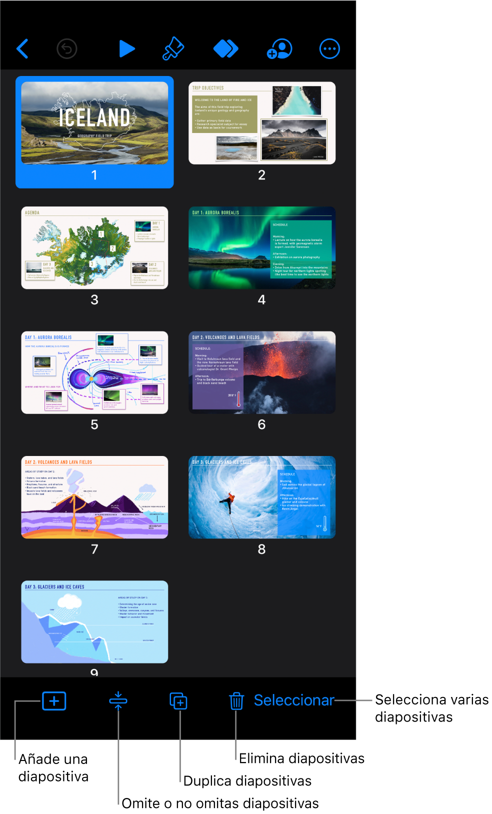 Vista de mesa luminosa con botones en la parte inferior de la pantalla para añadir, omitir, duplicar y eliminar diapositivas, y para seleccionar varias diapositivas.