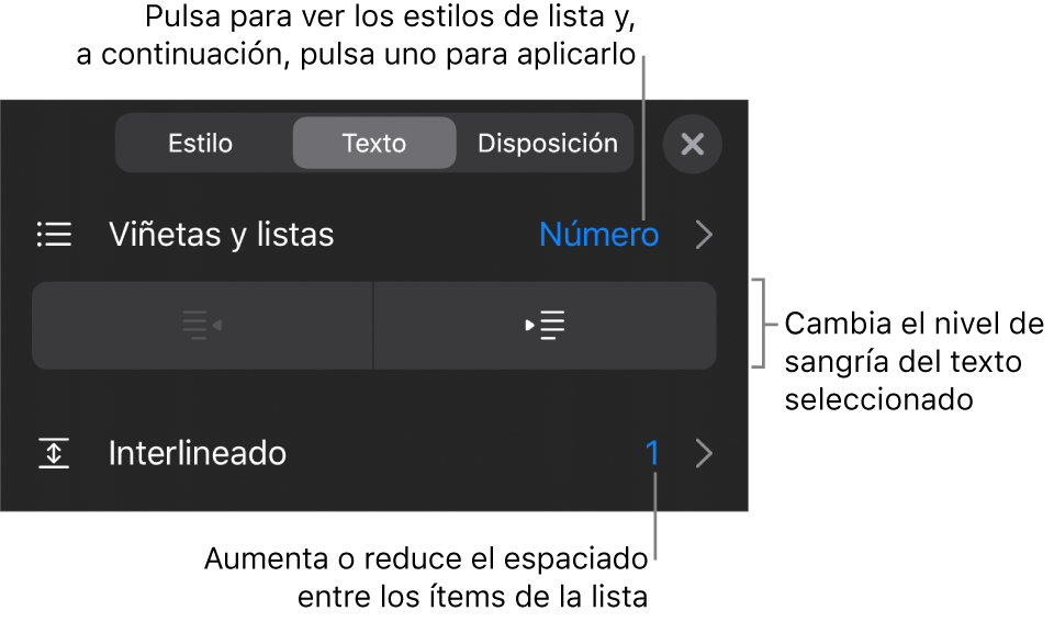 La sección “Viñetas/listas” de los controles de formato con llamadas a “Viñetas/listas”, los botones de sangría o de sangría izquierda, y los controles de interlineado.