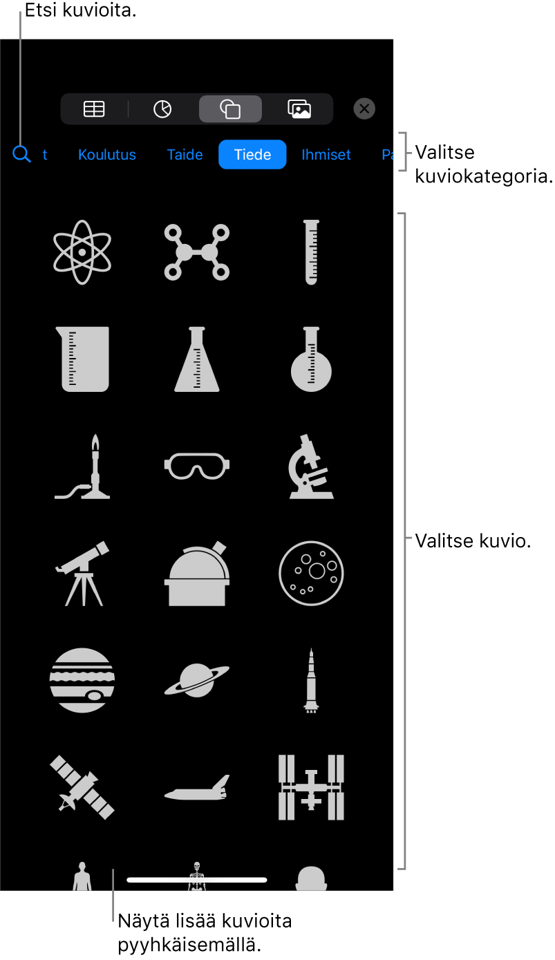 Kuviokirjasto, jossa näkyy yläreunassa kategorioita ja alla kuvioita. Voit etsiä kuvioita yläreunassa olevan hakukentän avulla ja näyttää niitä lisää pyyhkäisemällä.