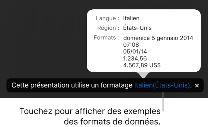 La notification du réglage de langue et de région différent affichant des exemples de la mise en forme correspondant à cette langue et à cette région.