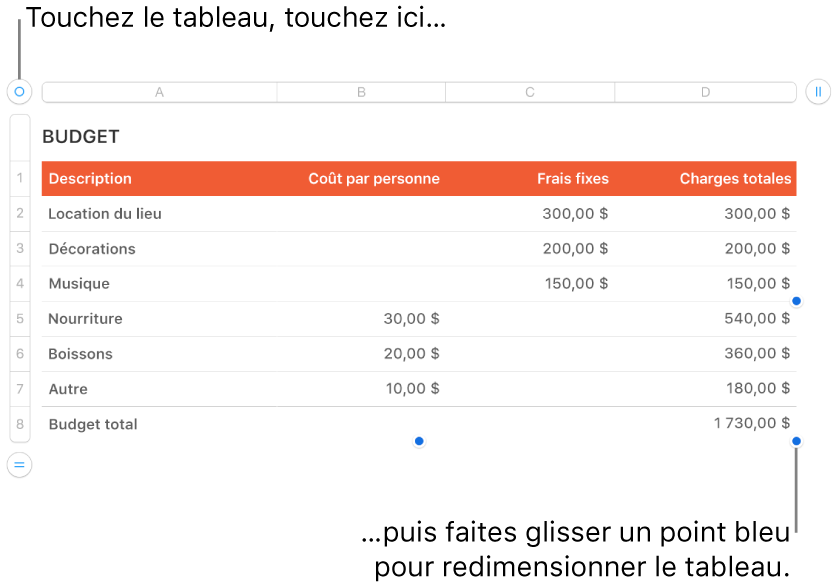 Un tableau sélectionné avec des points bleus pour le redimensionner.
