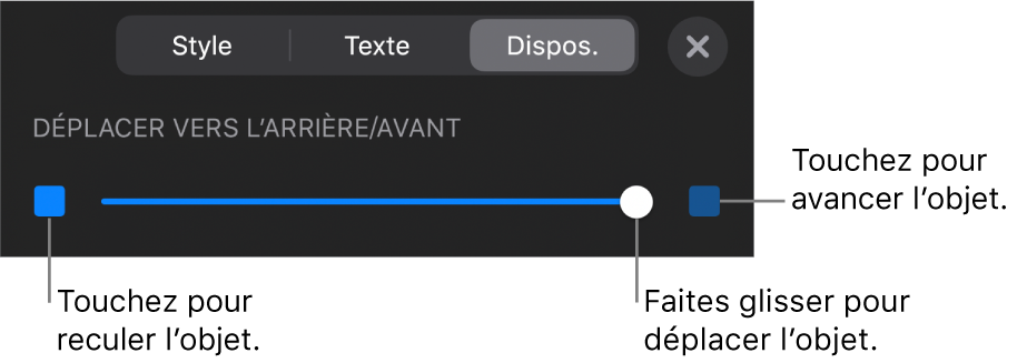 Le bouton de déplacement vers l’arrière, le bouton de déplacement vers l’avant et le curseur de superposition.