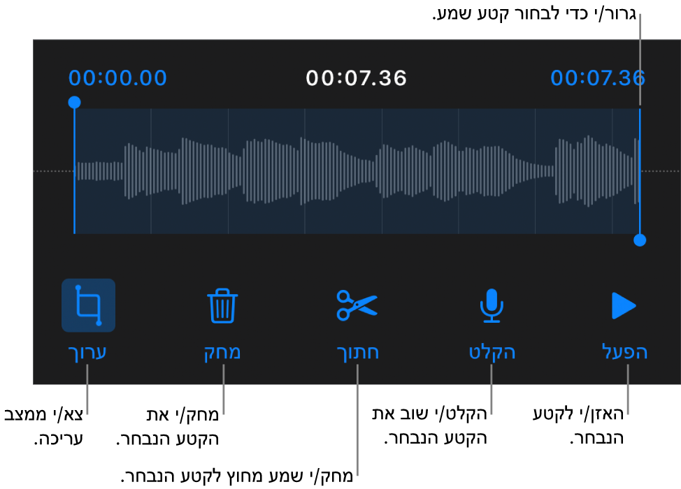 כלי הבקרה לעריכת שמע שהוקלט. ידיות האחיזה מציינות את המקטע שנבחר מתוך ההקלטה, והכפתורים ״תצוגה מקדימה״, ״הקלט״, ״חתוך״, ״מחק״ ו״מצב עריכה״ נמצאים מתחת.