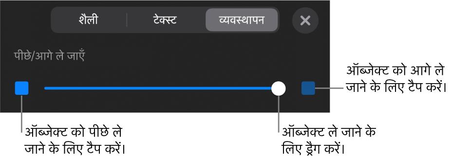 “पीछे जाएँ” बटन, “आगे जाएँ” बटन और लेयर स्लाइडर।