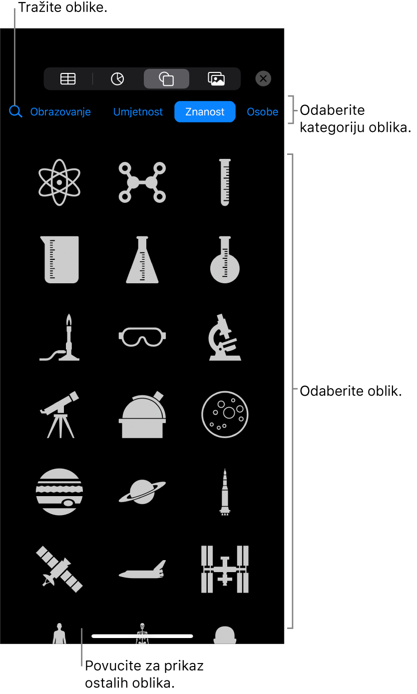 Medijateka s oblicima, s kategorijama na vrhu i oblicima prikazanima ispod. Možete koristiti polje za pretraživanje na vrhu kako biste pronašli oblike i povući za više prikaza.