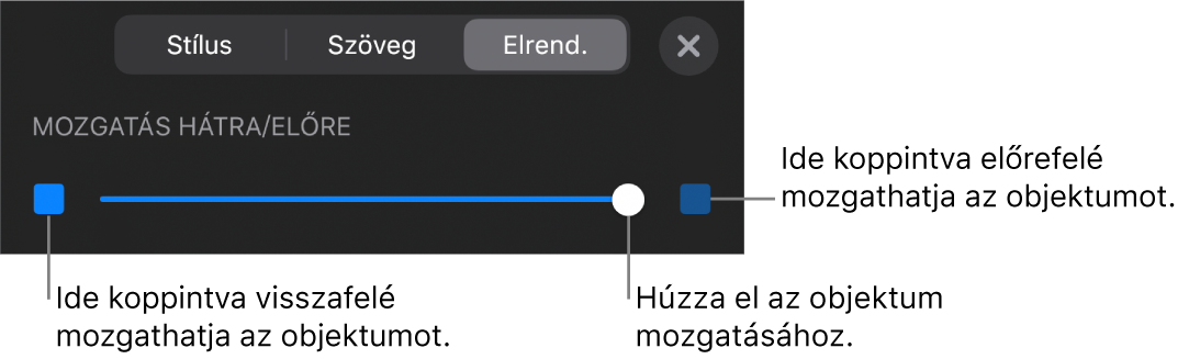 Visszafelé mozgatás gomb, Mozgatás előre gomb és a rétegezés csúszka.