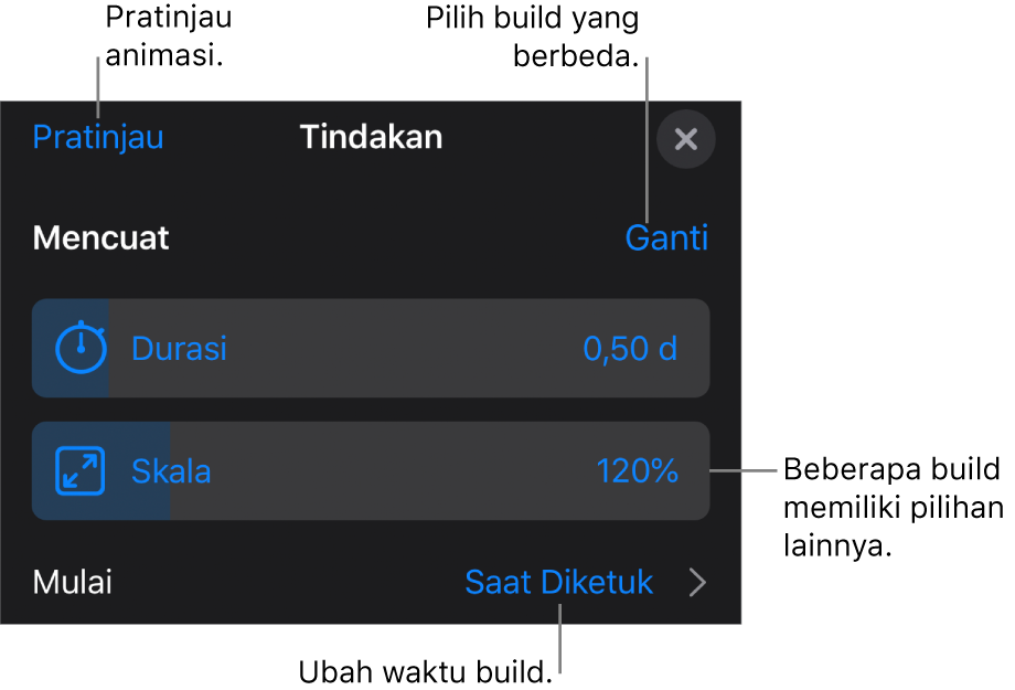 Pilihan build termasuk Durasi dan Mulai waktu. Ketuk Ubah untuk memilih build berbeda, atau ketuk Pratinjau untuk mempratinjau build.