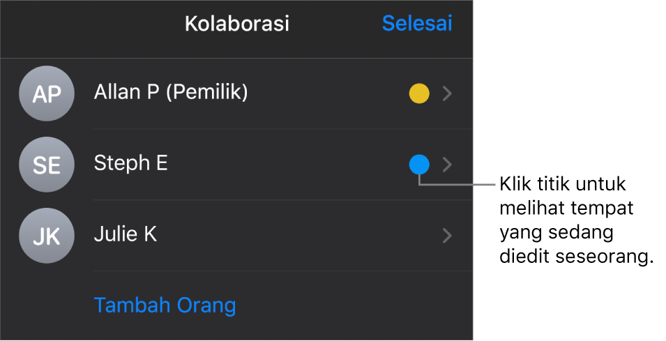 Daftar peserta dengan tiga peserta dan titik berwarna berbeda di sebelah kiri setiap nama.