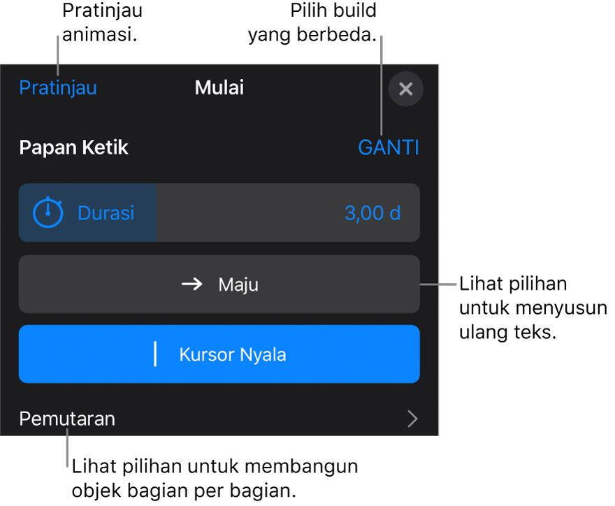 Pilihan build termasuk Durasi, Animasi Teks, dan Pengiriman. Ketuk Ubah untuk memilih build berbeda, atau ketuk Pratinjau untuk mempratinjau build.