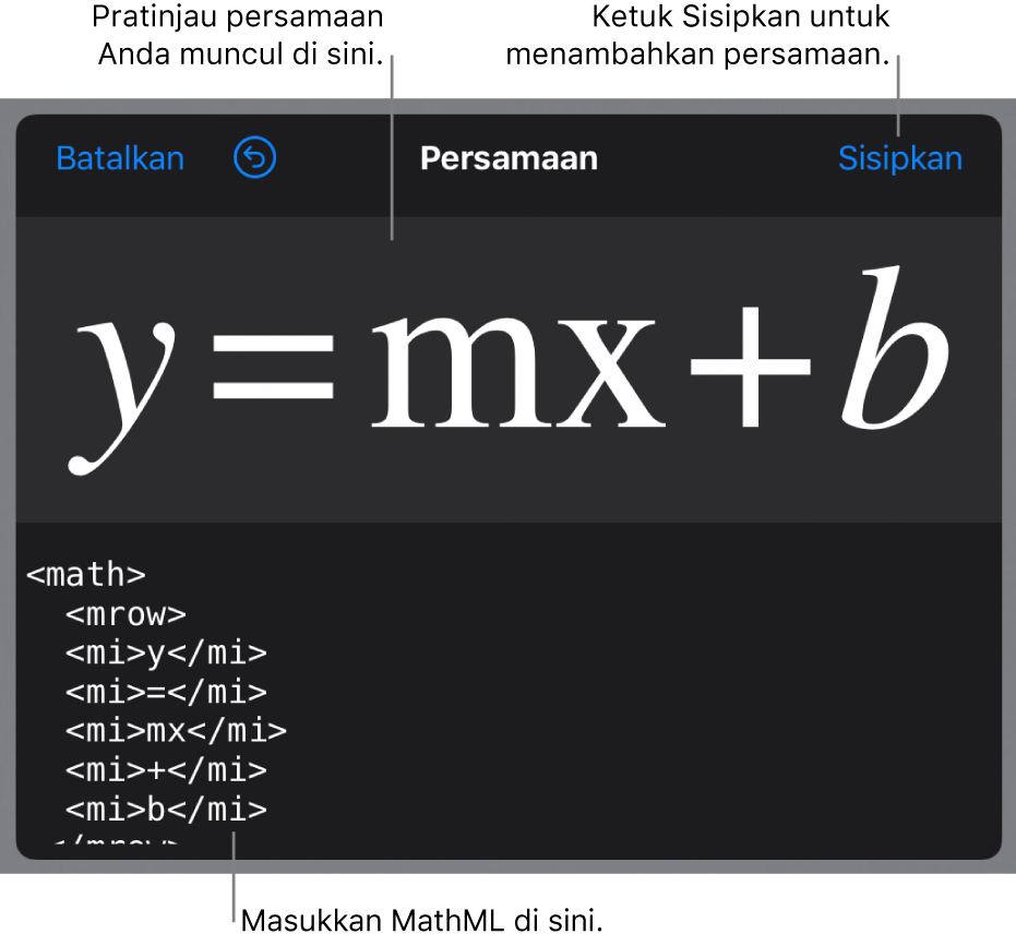 Kode MathML untuk persamaan untuk kemiringan garis dan pratinjau formula di atas.