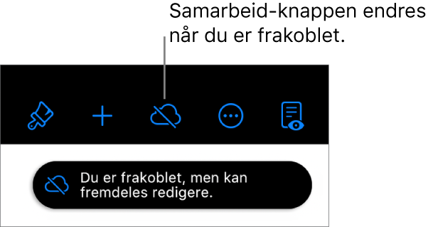 Knappene øverst på skjermen, med Samarbeid-knappen endret til en sky med en diagonal linje gjennom. Et varsel på skjermen sier «Du er frakoblet, men kan fremdeles redigere.»