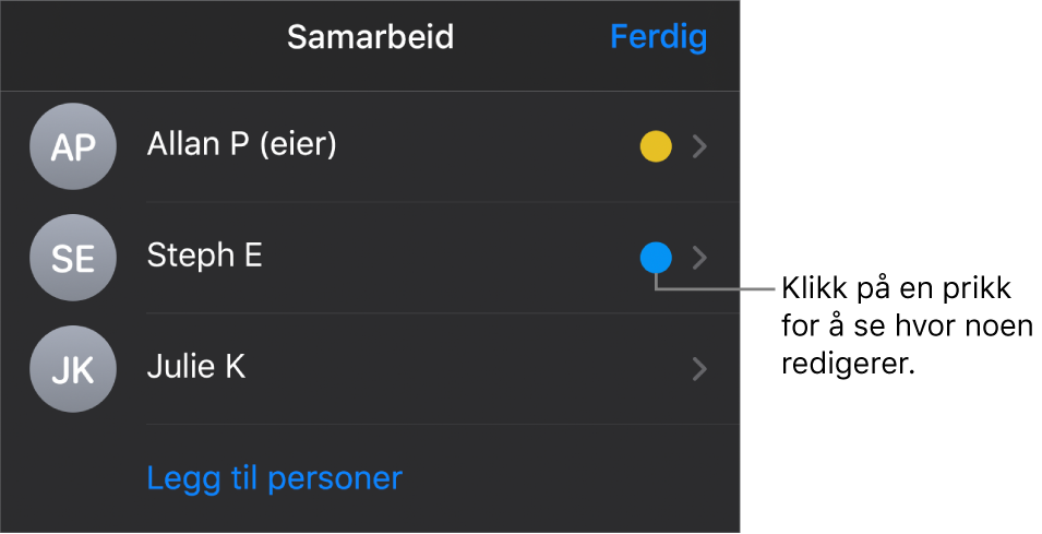 Deltakerlisten med tre deltakere og prikker med ulike farger til høyre for hvert navn.