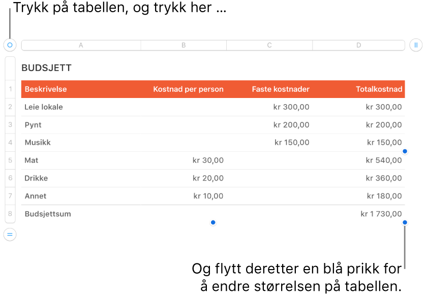 En markert tabell med blå prikker for å endre størrelsen.