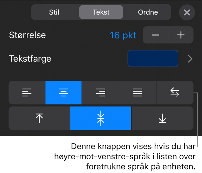 Tekstkontroller i Format-menyen med en bildeforklaring for Høyre til venstre-knappen.