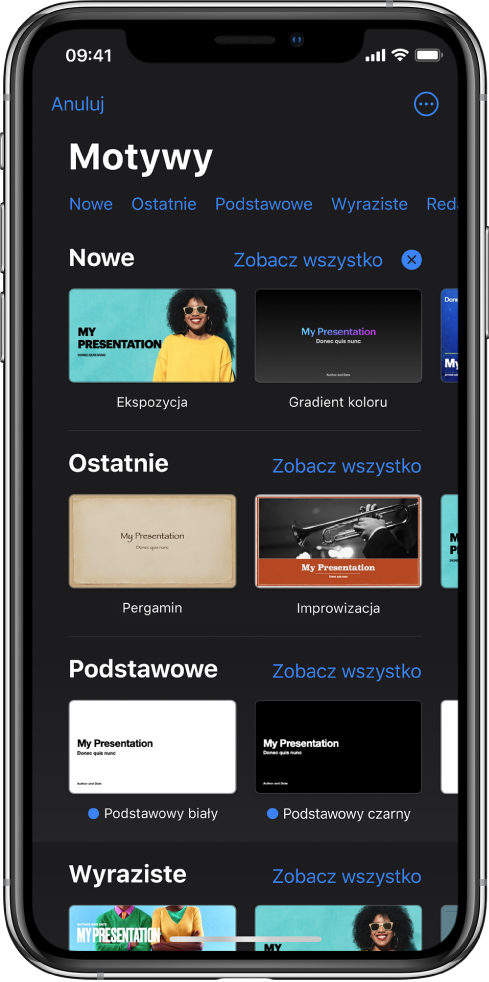  Paleta motywów z widocznym na górze wierszem kategorii, w które możesz stuknąć, aby filtrować dostępne motywy. Przycisk Więcej znajduje się w prawym górnym rogu, gdzie możesz ustawić format Standardowy lub Szeroki, a także ustawić formatowanie specyficzne dla języka lub regionu. Poniżej widoczne są miniaturki gotowych motywów uporządkowane wierszami według kategorii. Po prawej stronie nad każdym wierszem kategorii widoczny jest przycisk Zobacz wszystkie.