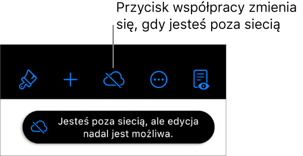 Przyciski na górze ekranu; przycisk współpracy wyświetlany jest jako chmura przekreślona ukośną linią. Alert zawierający następującą informację: Brak połączenia z siecią, ale edycja nadal jest możliwa.