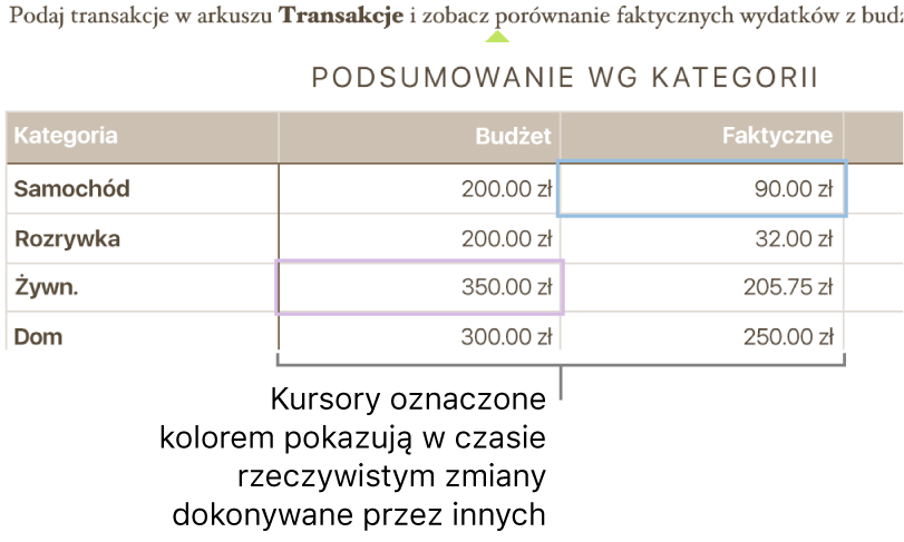 Kolorowe trójkąty pod tekstem pokazują miejsca edycji dokonywanych przez poszczególne osoby.