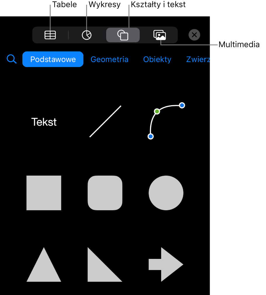 Narzędzia do dodawania obiektu, na górze widoczne są przyciski pozwalające wybrać tabele, wykresy, kształty (w tym linie i pola tekstowe) oraz multimedia.