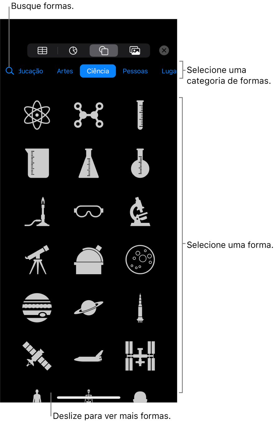 A biblioteca de formas, com categorias na parte superior e formas exibidas abaixo. Você pode utilizar o campo de pesquisa na parte superior e deslizar para ver mais.