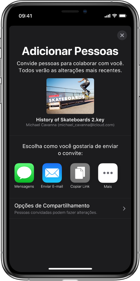 Tela Adicionar Pessoas mostrando uma imagem da apresentação que será compartilhada. Abaixo disso, botões das formas de envio do convite, incluindo Mensagens e Mail, Copiar Link e Mais. Na parte inferior, o botão Opções de Compartilhamento.
