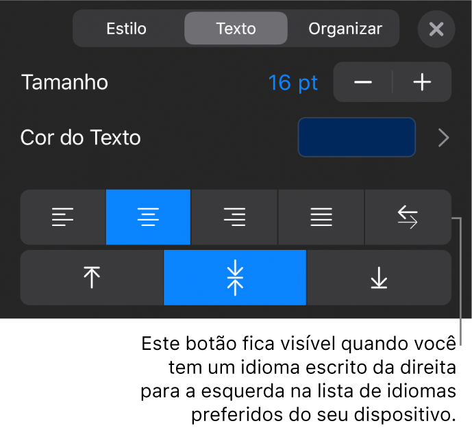 Controles de texto no menu Formatar com uma chamada para o botão da Direita para a Esquerda.