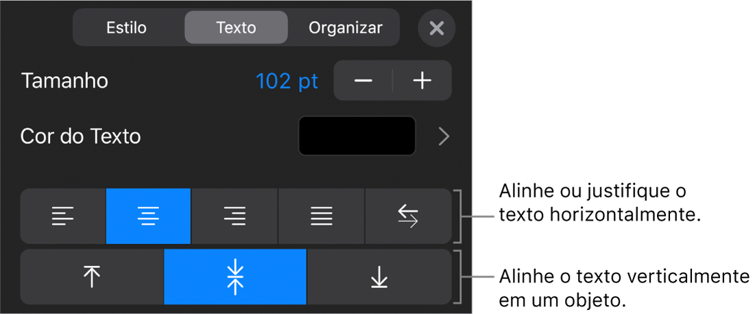 Seção Alinhamento do botão Formatar com balões explicativos para os botões de alinhamento de texto.