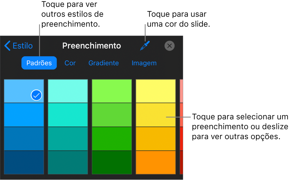 Opções de preenchimento na aba Estilo.