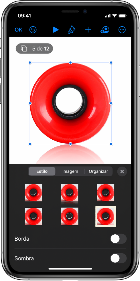 Os controles em Formatar para alterar o tamanho e a aparência da imagem selecionada. Os botões Estilo, Imagem e Organizar se encontram acima dos controles.