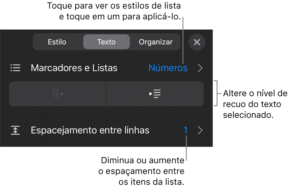 Seção “Marcadores e Listas” dos controles de Formatação, com chamadas para “Marcadores e Listas”, botões para aumentar ou diminuir o recuo e controles de entrelinha.