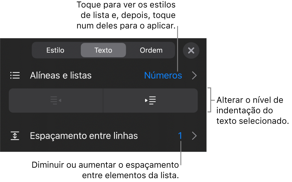 A secção “Marcas e listas” dos controlos de Formatação com chamadas para “Marcas e listas”, botões de remover indentação e de indentação e controlos de espaçamento.