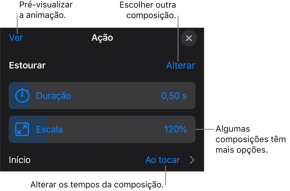 As opções de composição incluem Duração e Temporização de início. Toque em Alterar para escolher uma composição diferente ou toque em Pré-visualizar para pré-visualizar a composição.