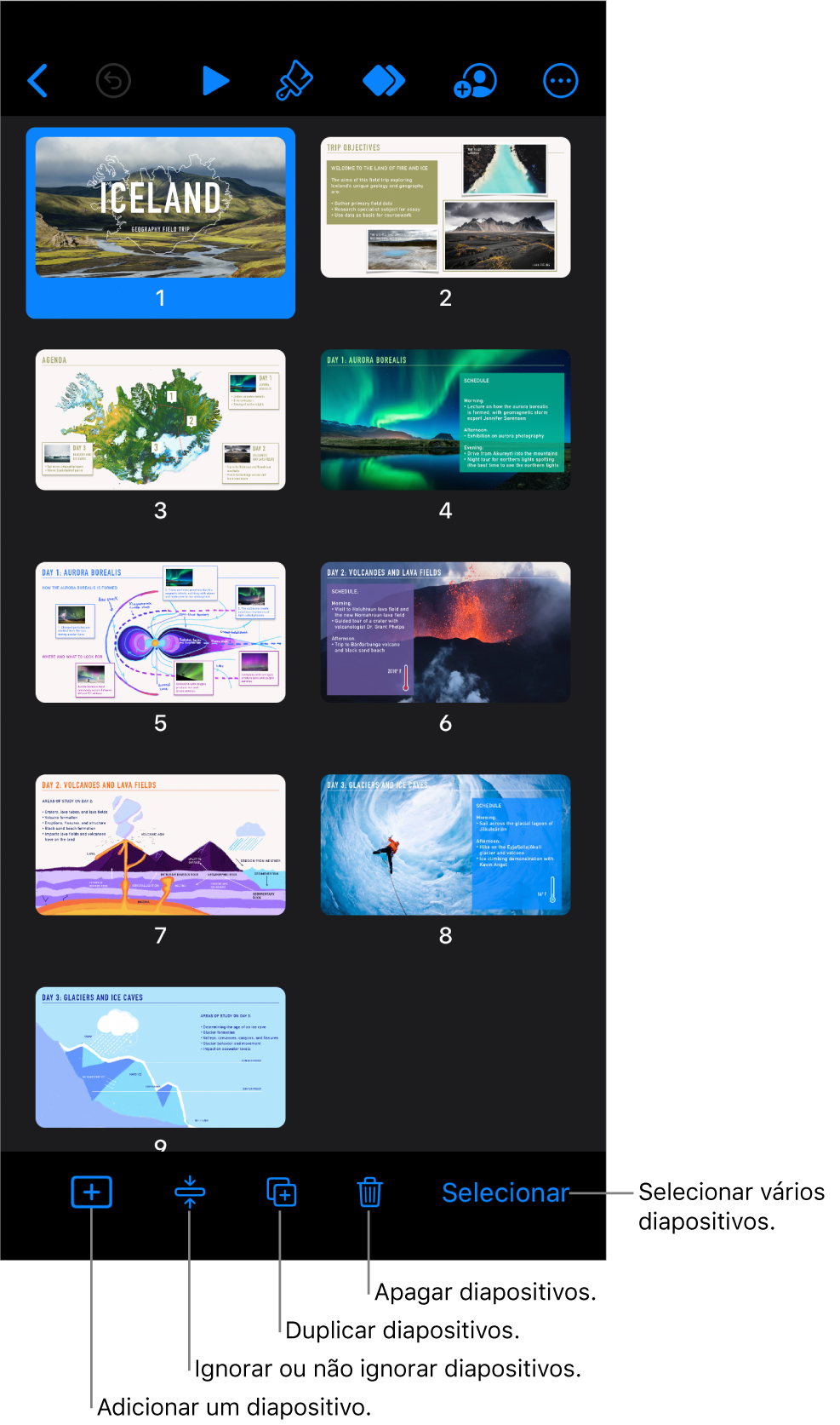 Vista de mesa luminosa com botões na parte inferior do ecrã para adicionar, ignorar, duplicar e apagar diapositivos, e para selecionar vários diapositivos.