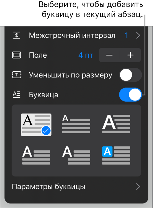 Элементы управления буквицей располагаются внизу меню «Текст».
