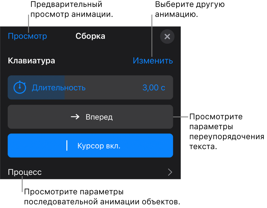 Параметры анимации, в том числе длительность, анимация текста и процесс. Коснитесь «Изменить», чтобы выбрать другую анимацию, или коснитесь «Просмотр», чтобы просмотреть анимацию.