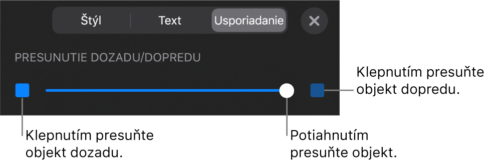 Tlačidlo Presunúť dozadu, tlačidlo Presunúť dopredu a posuvník vrstiev.