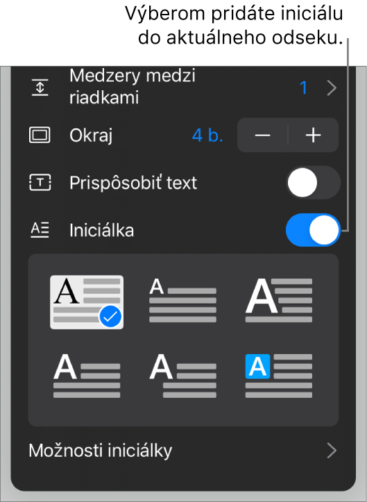 Ovládacie prvky Iniciálka v spodnej časti menu Text.