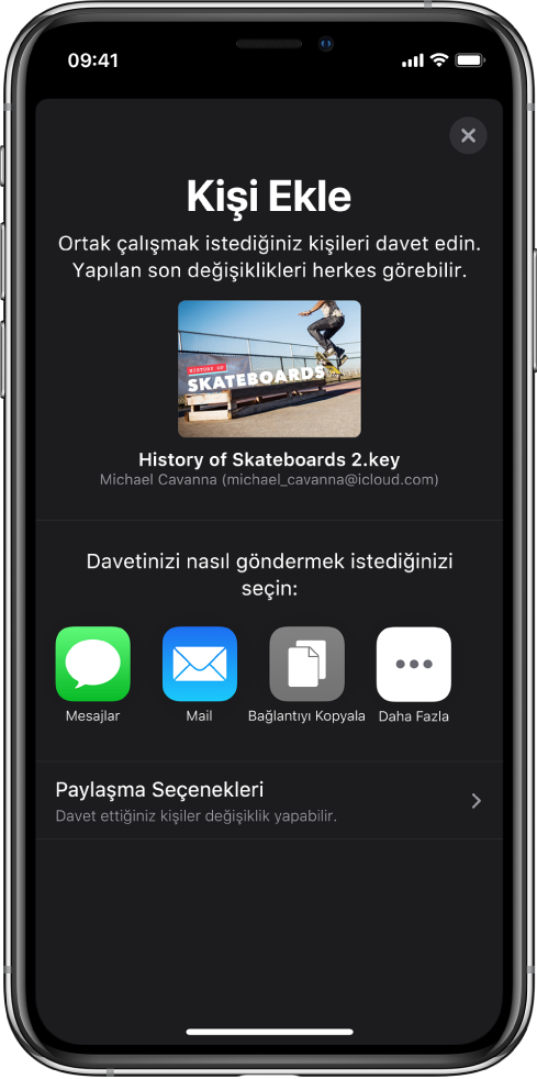 Kişi Ekle ekranı, paylaşılacak sununun bir resmini gösteriyor. Onun altında Mesajlar, Mail, Bağlantıyı Kopyala ve Diğer de dahil olmak üzere çeşitli davet gönderme yolları için düğmeler var. En altta Paylaşma Seçenekleri düğmesi bulunuyor.