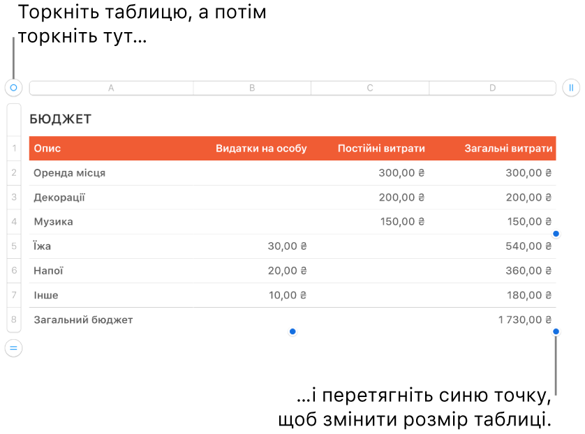 Вибрана таблиця із синіми точками, які призначені для редагування розміру.