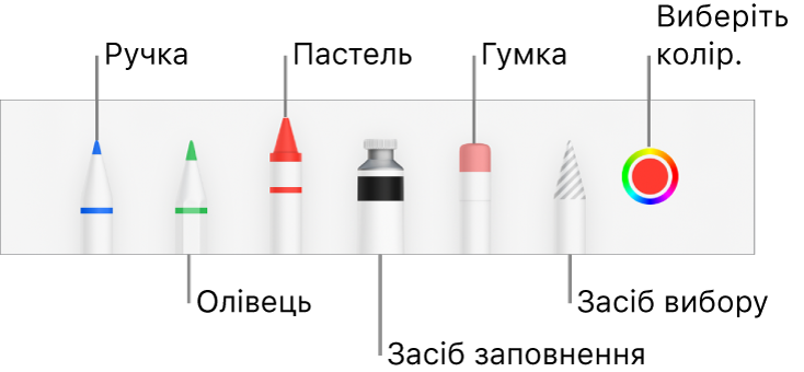 Панель малювання із пером, олівцем, пастеллю, інструментом заповнення, гумкою, інструментом вибору і джерелом кольору, яке відображає поточний колір.