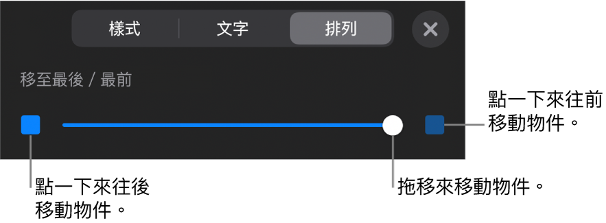 「後移」按鈕、「前移」按鈕及分層滑桿。