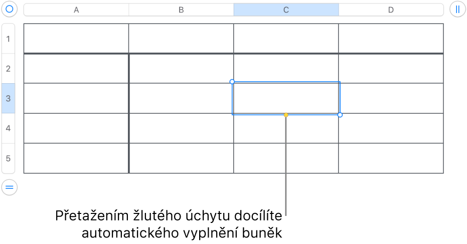 Vybraná buňka se žlutým úchytem, jehož tažením můžete automaticky vyplnit další buňky