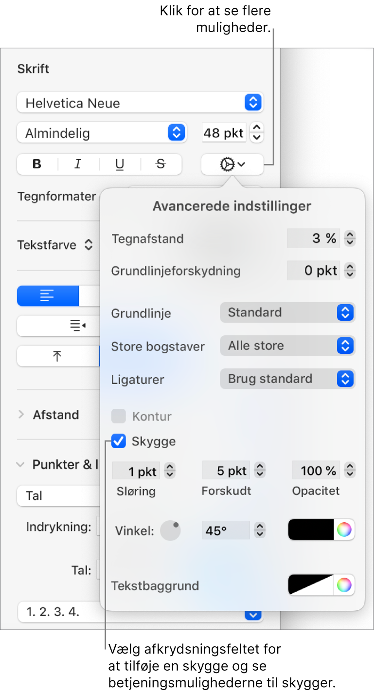 Avancerede indstillinger er åben med afkrydsningsfeltet Skygge valgt og betjeningsmuligheder til indstilling af sløring, forskydning, opacitet, vinkel og farve.