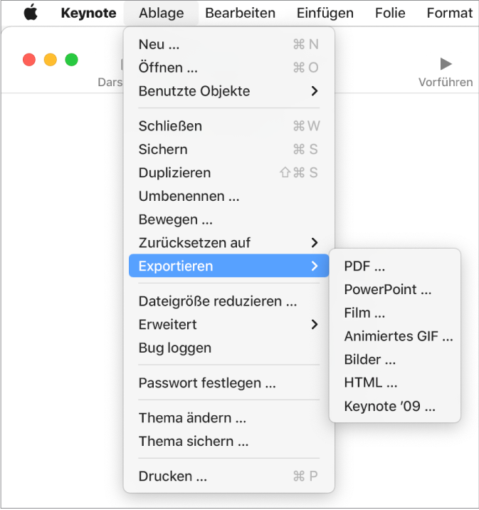 Das geöffnete Menü „Ablage“ mit ausgewählter Option „Exportieren“ und dem Untermenü, in dem Exportoptionen für PDF, PowerPoint, Film, HTML, Bilder und Keynote '09 angezeigt werden