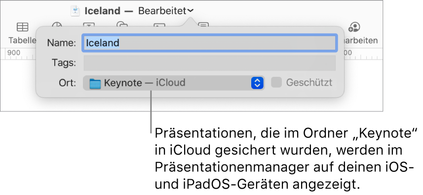 Das Fenster „Sichern“ für eine Präsentation mit Keynote – iCloud im Einblendmenü „Ort“