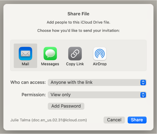 The Share Options section of the collaboration dialog open, with the “Who can access” and the “Permission” menus showing.