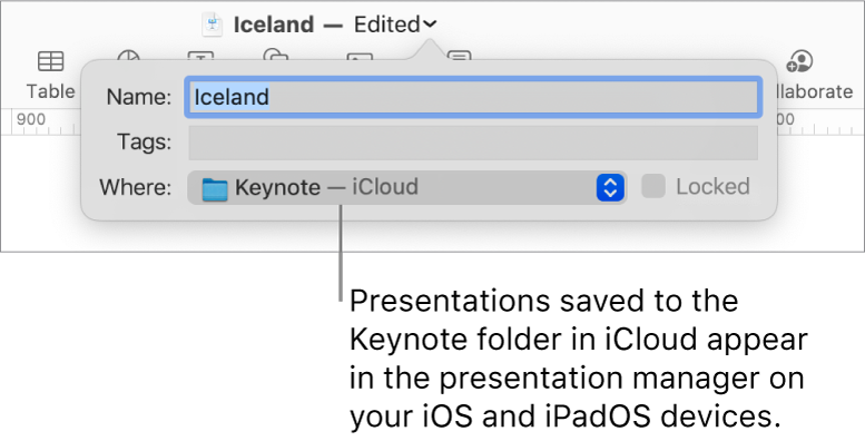 The Save dialog for a presentation with Keynote — iCloud in the Where pop-up menu.