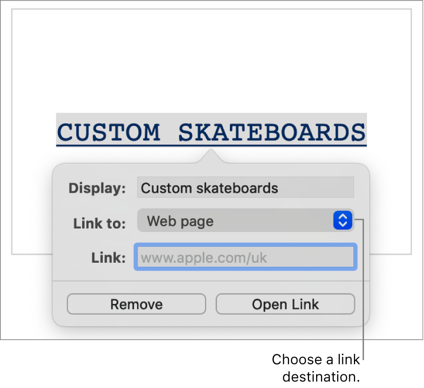 The link settings with a Display field, “Link to” pop-up menu (Web page is selected), and Link field. The Remove and Open Link buttons are at the bottom of the controls.