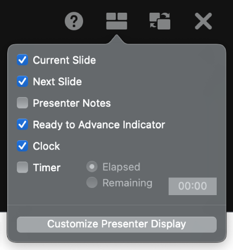The presenter display options, including Current Slide, Next Slide, Presenter Notes, Ready to Advance Indicator, Clock, and Timer. The timer has additional options to show either the time elapsed or the time remaining.