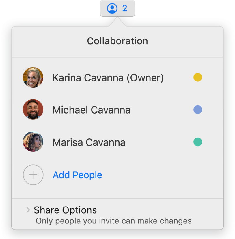 The Collaboration menu showing the names of people collaborating on the presentation. Share options are below the names.